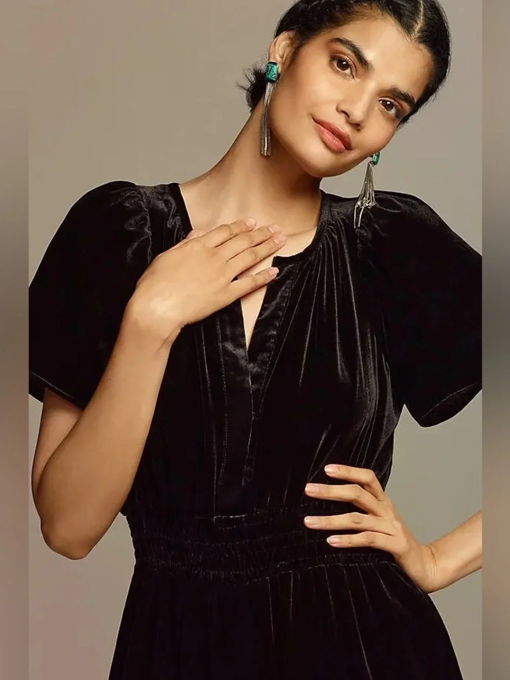 Anthropologie The Somerset Smocked Velvet Wide Leg Jumpsuit in Black XL NEW